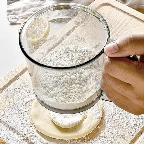 Semi-Automatic Handheld Flour Sifter – Food-Grade Plastic Sieve Cup for Fine Powder (15L x 10W x 7H cm)