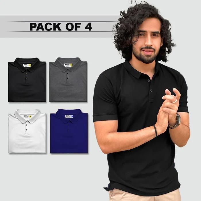 Men’s Poly Matte Solid Polo T-Shirt – Regular Fit Half Sleeves (Pack of 4, Assorted Colors)