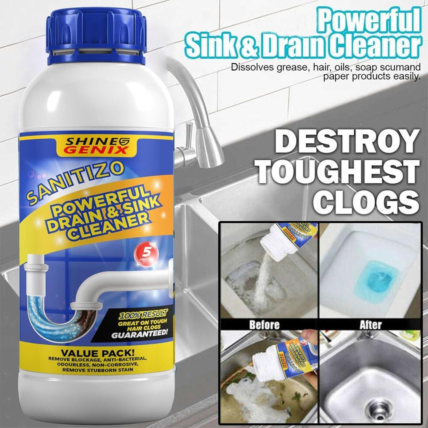 Sanitizo Powerful Drain & Sink Cleaner Powder – 250 gm (Pack of 4) for Tough Grease & Clogs