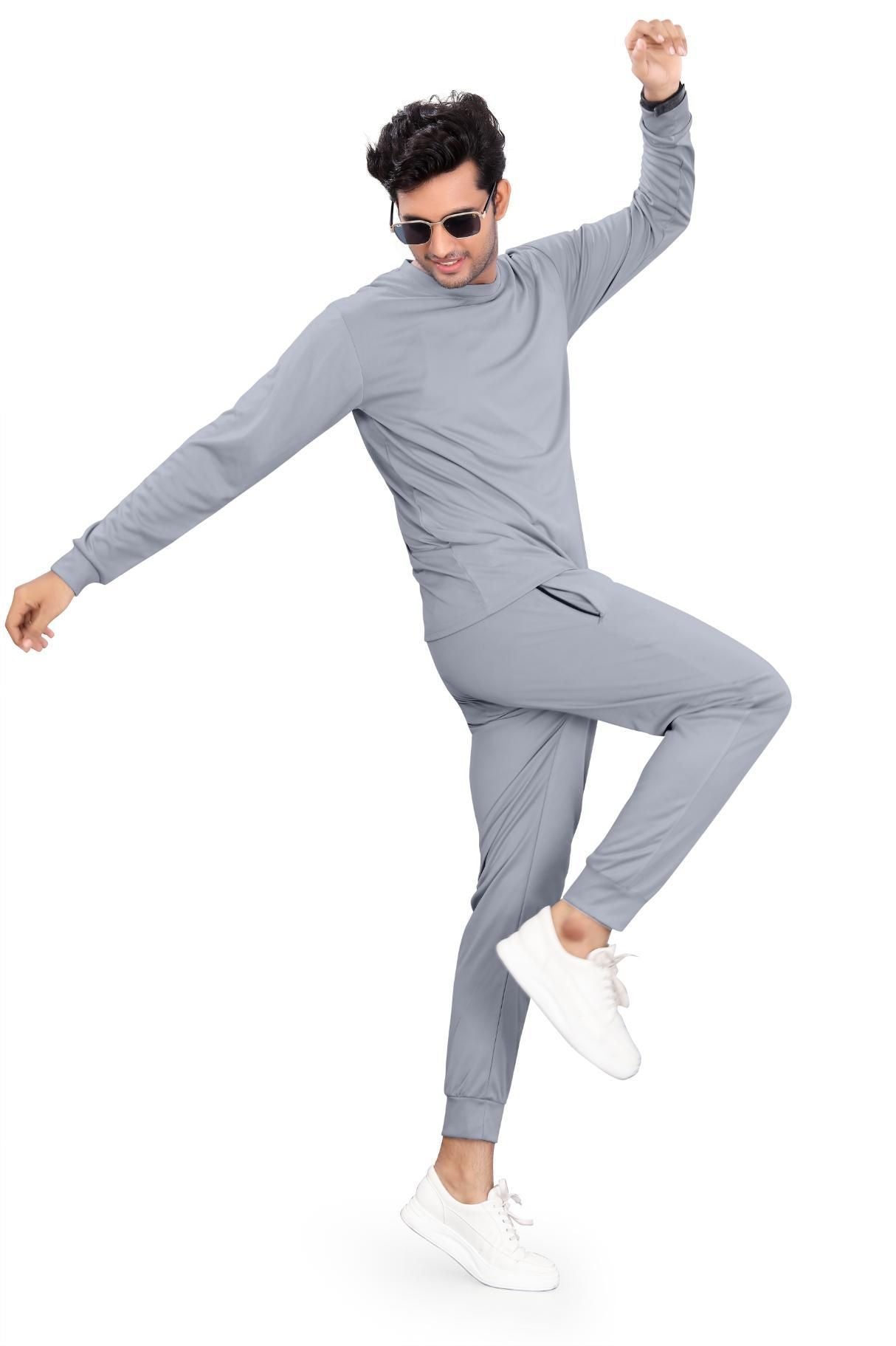 Men’s Solid Grey Full Sleeve Track Suit – Polyester Blend Regular Fit Sportswear Set