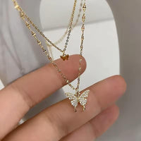 Double Layer Clavicle Chain Necklace with Zircon Butterfly Pendant – Gold Plated Jewelry for Women (Pack of 1)