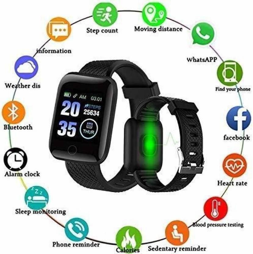 ID116 Plus Smart Fitness Tracker – Color Screen Sports Smartwatch with Silicone Strap (Black)