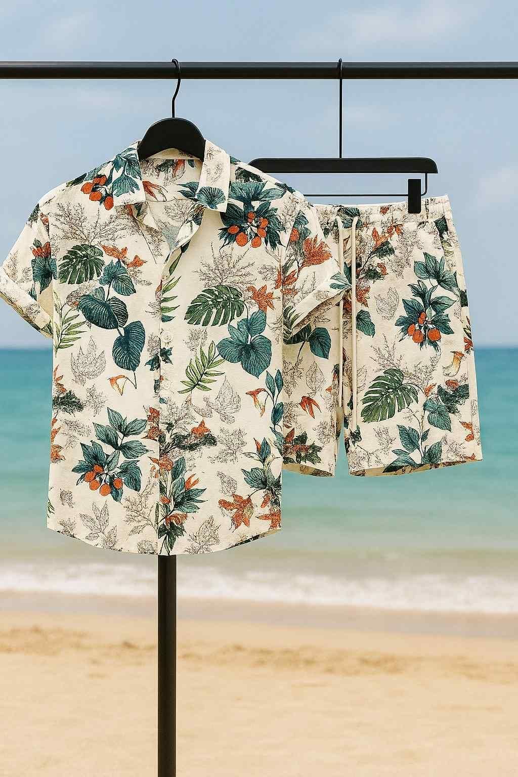 Men’s Casual Vacation Floral Co-ord Set – Slim Fit Printed Shirt & Shorts (2-Piece Set)