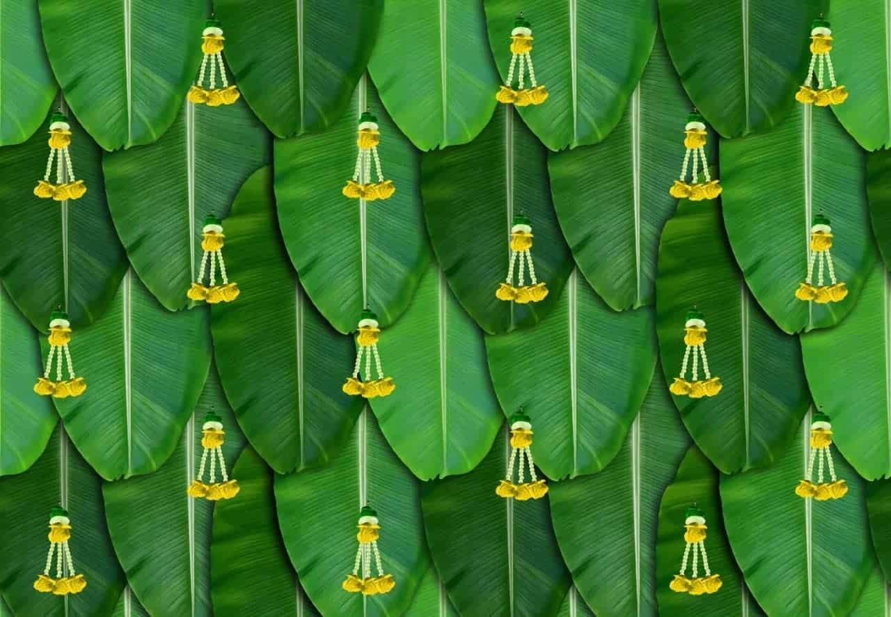 Banana Leaf Curtain Backdrop – Decorative Polyester Fabric for Wedding, Pooja & Housewarming (Pack of 1, Assorted Design)