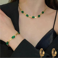 Oval Green Crystal Pendant Necklace Set with Bracelet – Gold Plated Stainless Steel Jewelry for Women