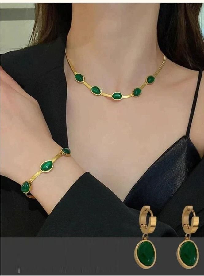 Oval Green Crystal Pendant Necklace Set with Bracelet – Gold Plated Stainless Steel Jewelry for Women