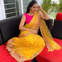Special Net Saree with Elegant Embroidered Work & Matching Blouse Piece (5.5m)