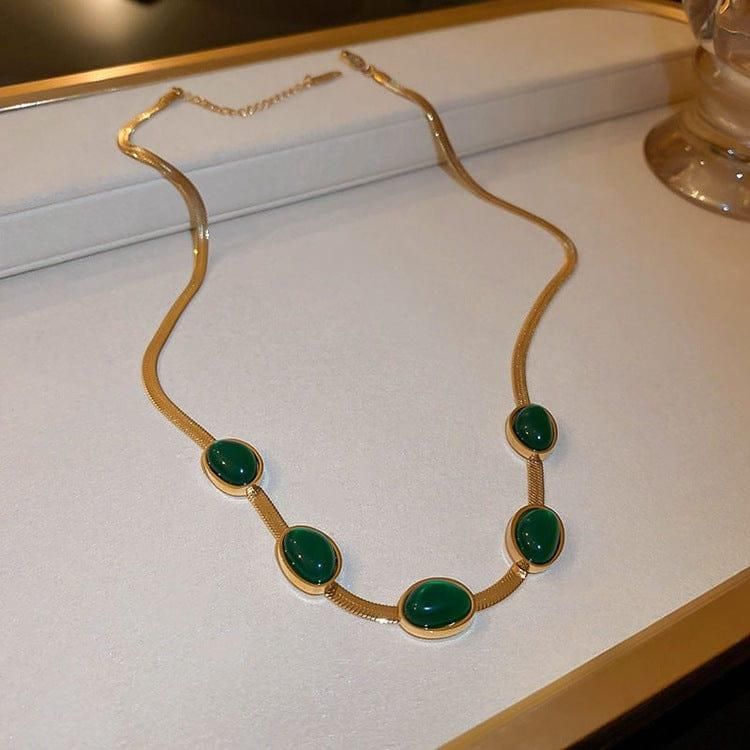 Oval Green Crystal Pendant Necklace Set with Bracelet – Gold Plated Stainless Steel Jewelry for Women