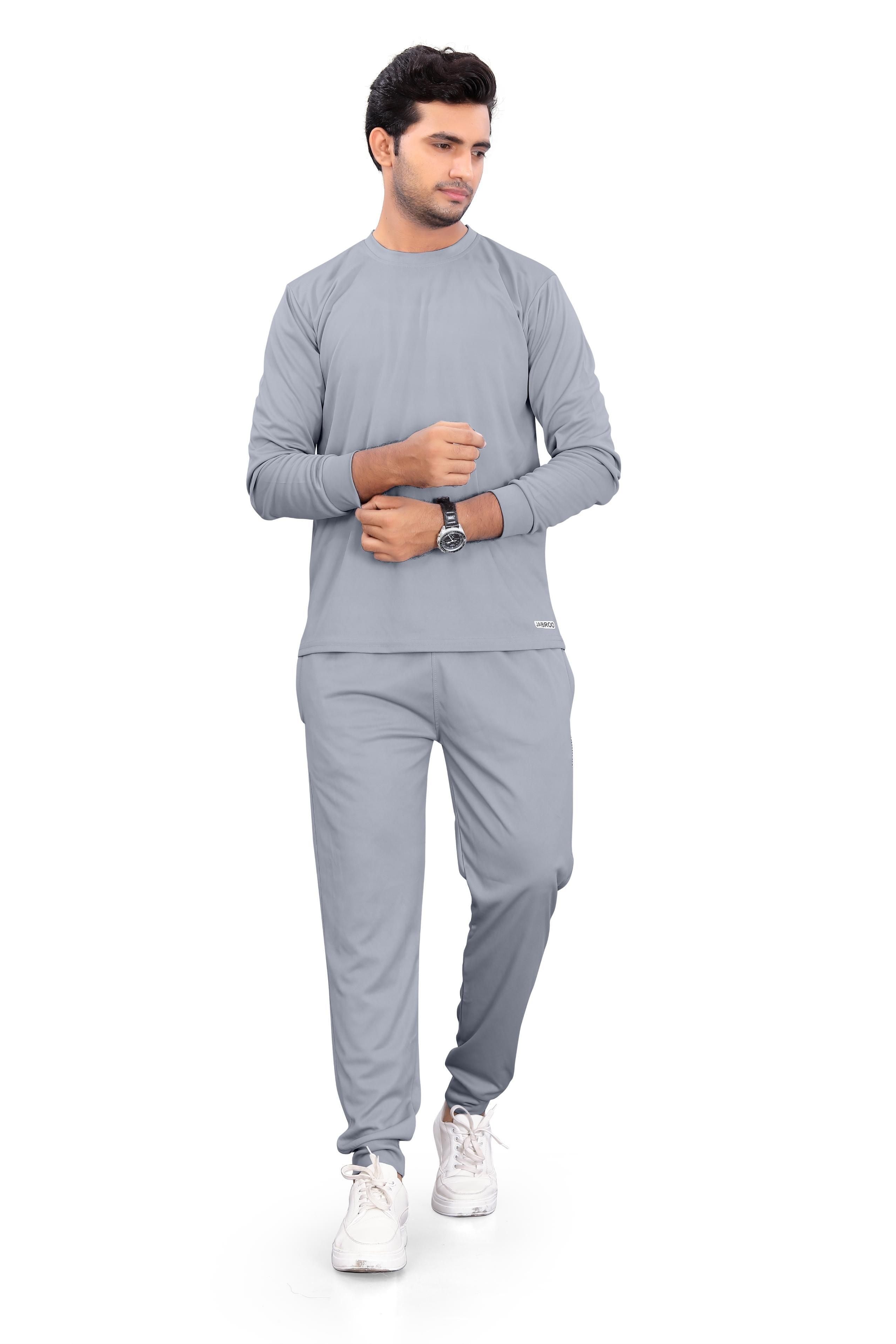 Men’s Solid Grey Full Sleeve Track Suit – Polyester Blend Regular Fit Sportswear Set