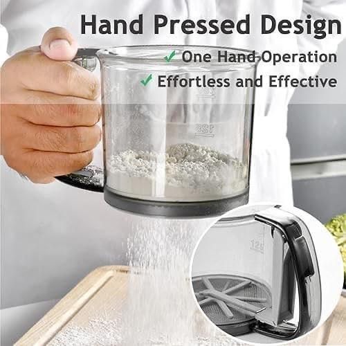 Semi-Automatic Handheld Flour Sifter – Food-Grade Plastic Sieve Cup for Fine Powder (15L x 10W x 7H cm)