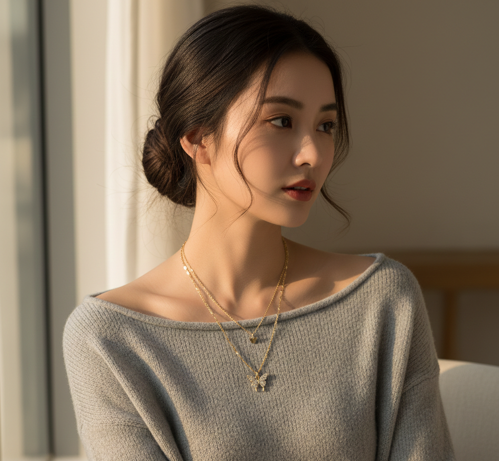 Double Layer Clavicle Chain Necklace with Zircon Butterfly Pendant – Gold Plated Jewelry for Women (Pack of 1)