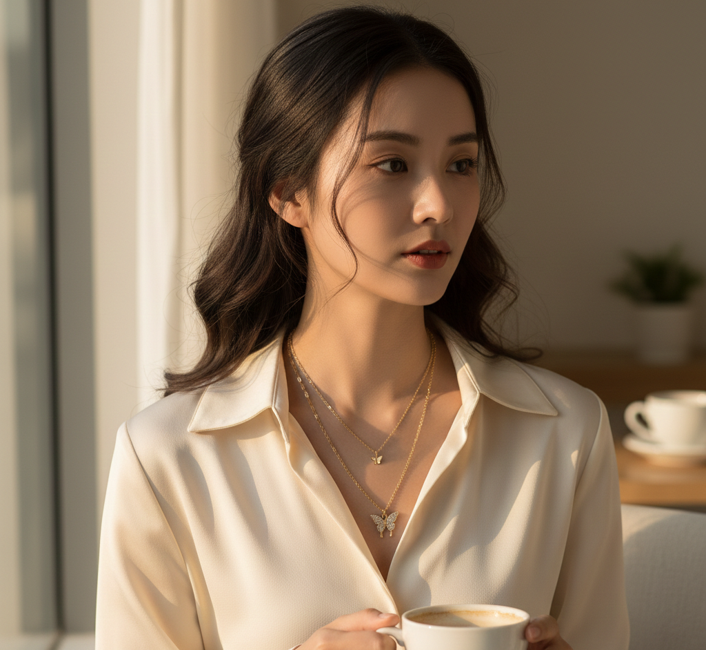 Double Layer Clavicle Chain Necklace with Zircon Butterfly Pendant – Gold Plated Jewelry for Women (Pack of 1)