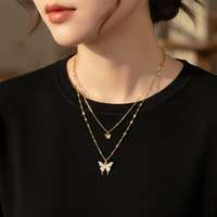 Double Layer Clavicle Chain Necklace with Zircon Butterfly Pendant – Gold Plated Jewelry for Women (Pack of 1)