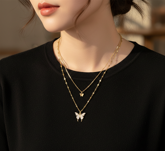 Double Layer Clavicle Chain Necklace with Zircon Butterfly Pendant – Gold Plated Jewelry for Women (Pack of 1)